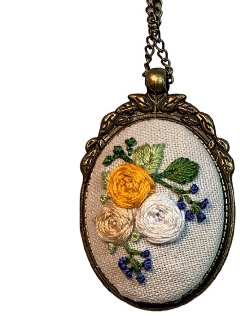 Handmade Blue & Gold Floral Bouquet Embroidery Pendant Necklace